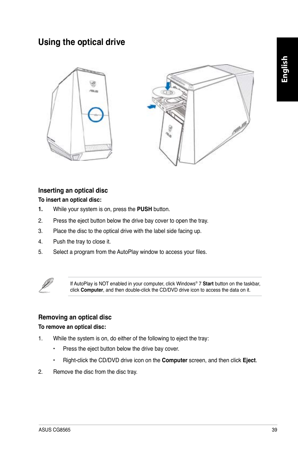 Using the optical drive, English | Asus CG8565 User Manual | Page 39 / 410