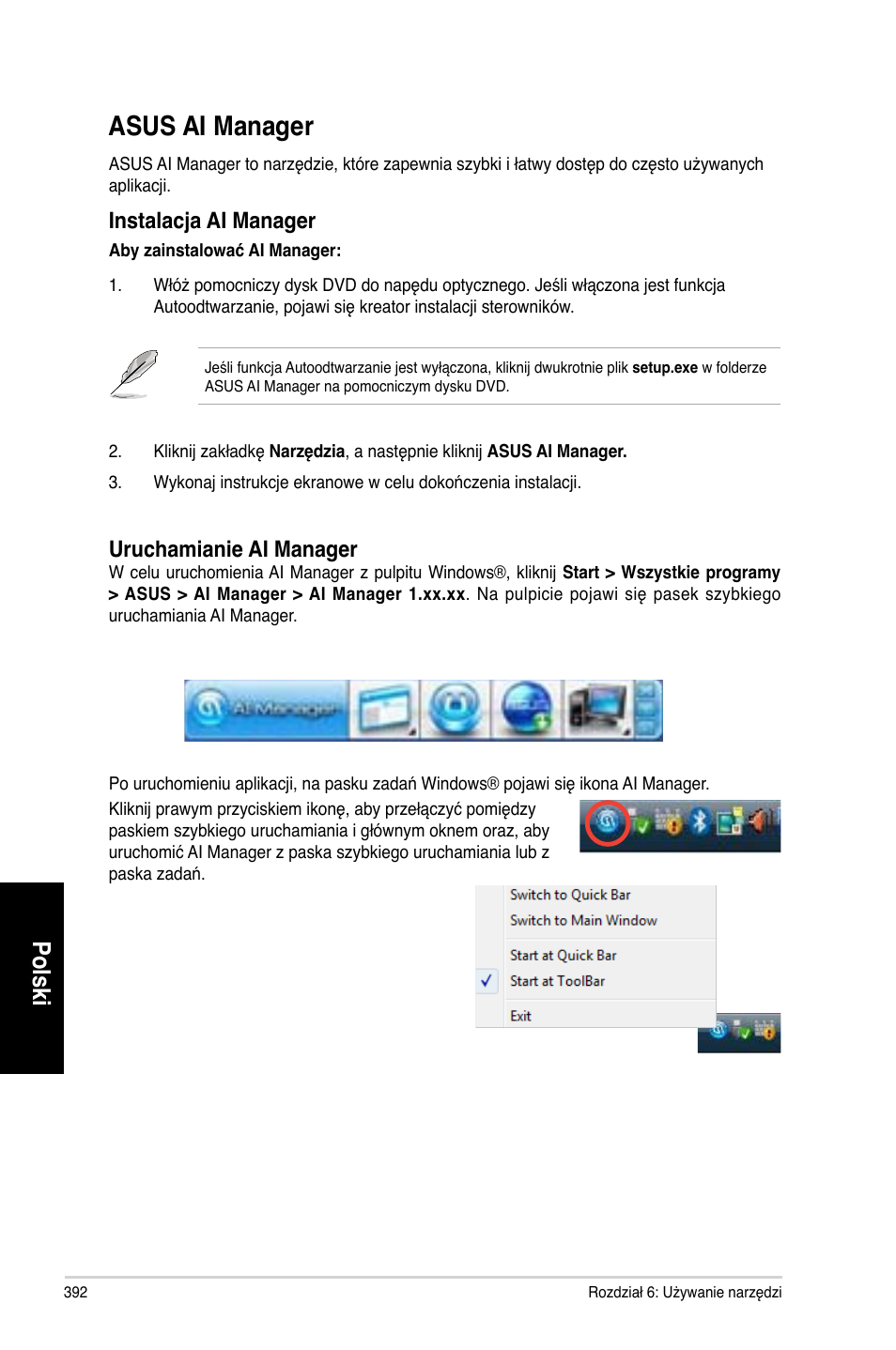 Asus ai manager, Polski, Instalacja ai manager | Uruchamianie ai manager | Asus CG8565 User Manual | Page 392 / 410