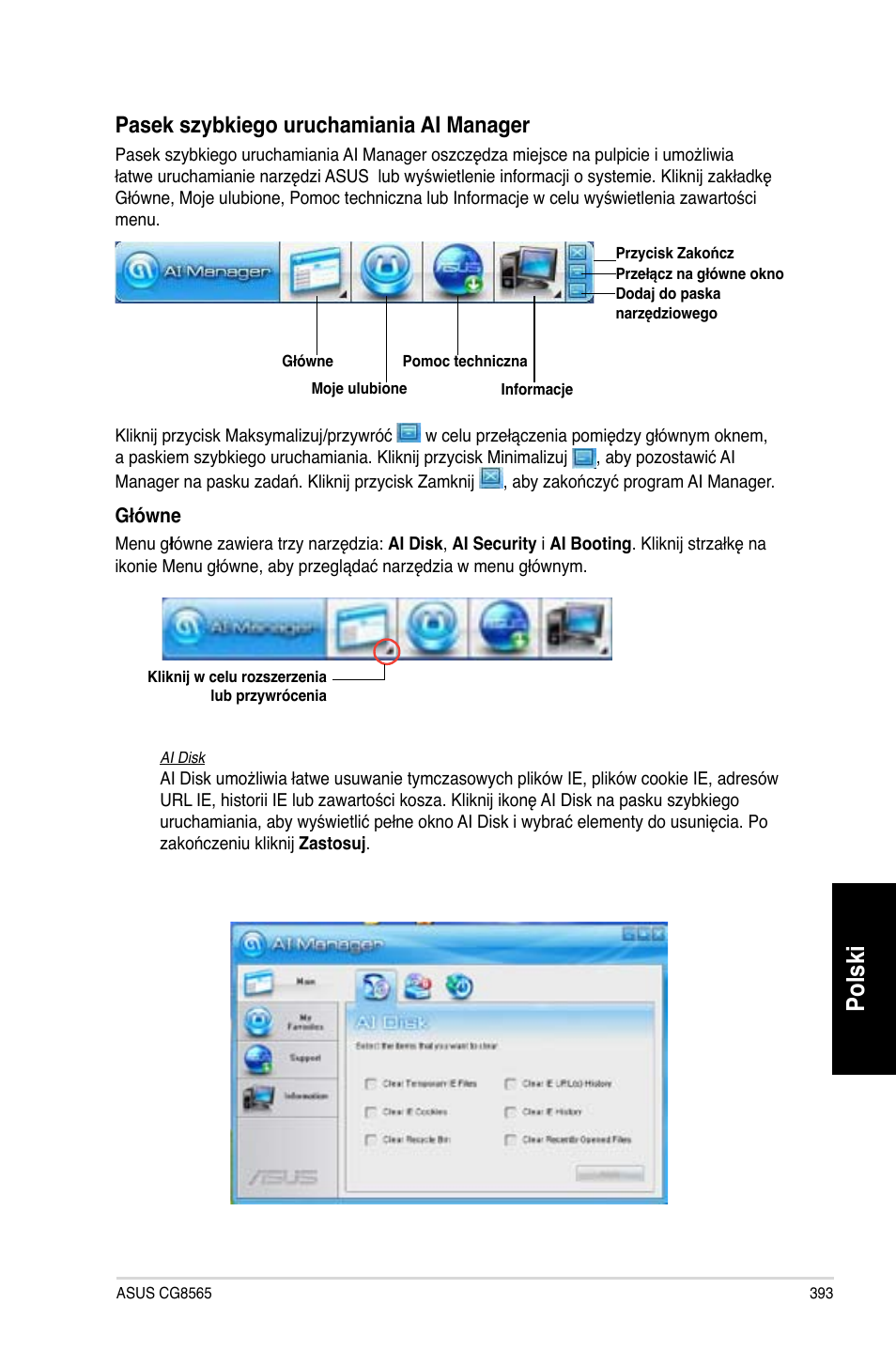 Polski, Pasek szybkiego uruchamiania ai manager | Asus CG8565 User Manual | Page 393 / 410