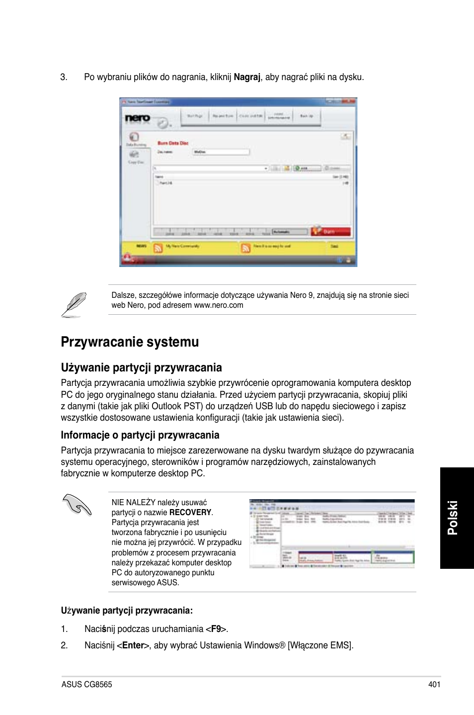 Przywracanie systemu, Polski, Używanie partycji przywracania | Asus CG8565 User Manual | Page 401 / 410