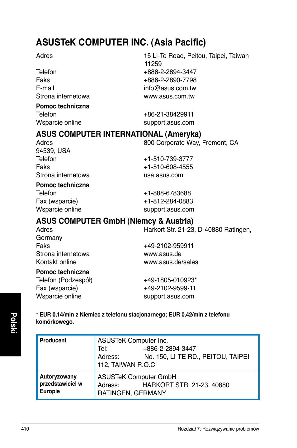 Asustek computer inc. �asia pacific, Polski, Asus computer international (ameryka) | Asus computer gmbh (niemcy & austria) | Asus CG8565 User Manual | Page 410 / 410