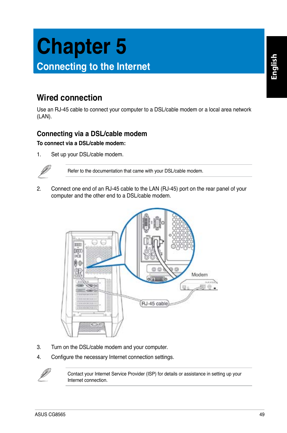 Chapter 5, Connecting to the internet, Wired connection | Asus CG8565 User Manual | Page 49 / 410