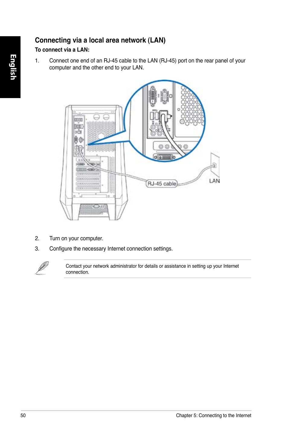 English, Connecting via a local area network (lan) | Asus CG8565 User Manual | Page 50 / 410