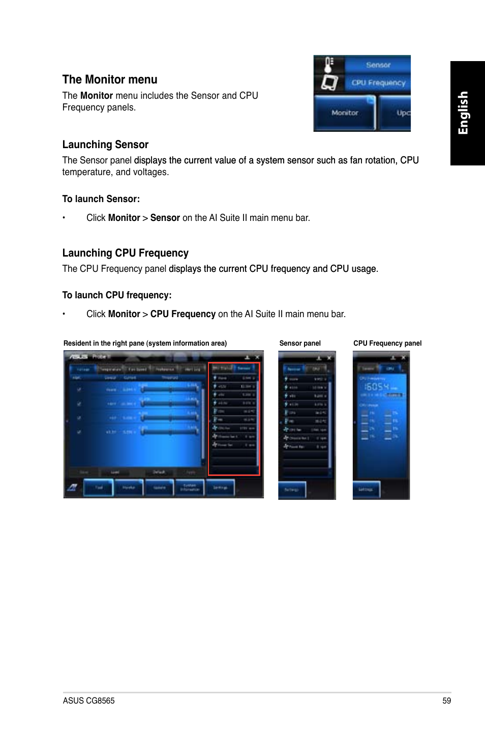 English, The monitor menu | Asus CG8565 User Manual | Page 59 / 410