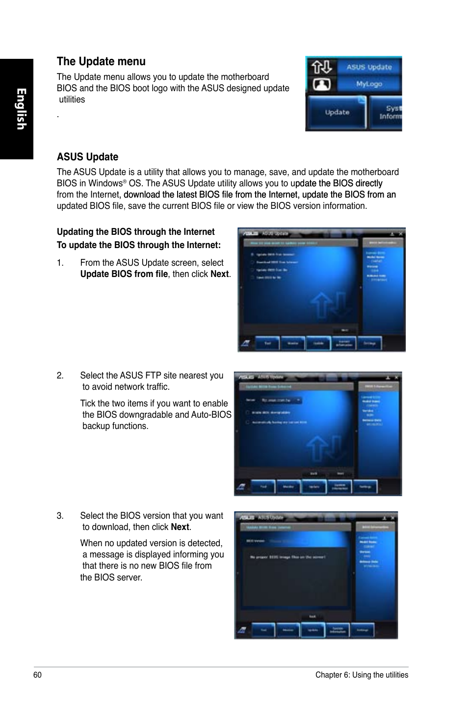 English, The update menu | Asus CG8565 User Manual | Page 60 / 410