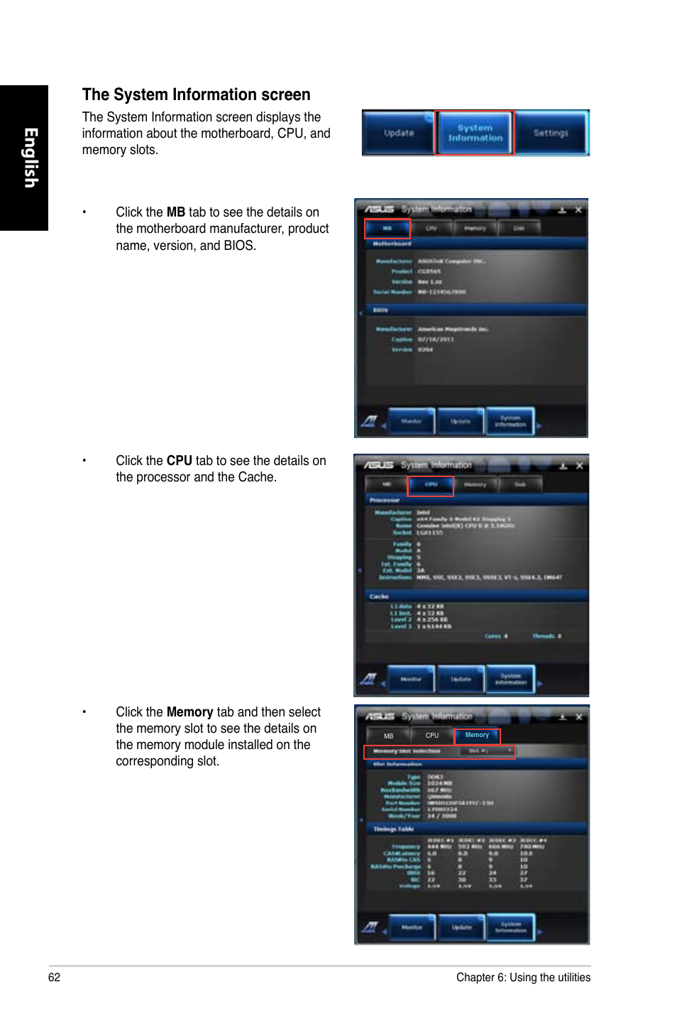 English, The system information screen | Asus CG8565 User Manual | Page 62 / 410