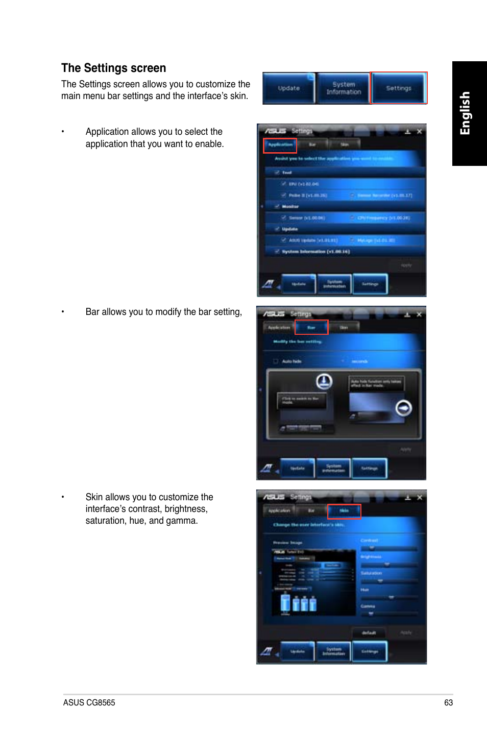 English, The settings screen | Asus CG8565 User Manual | Page 63 / 410