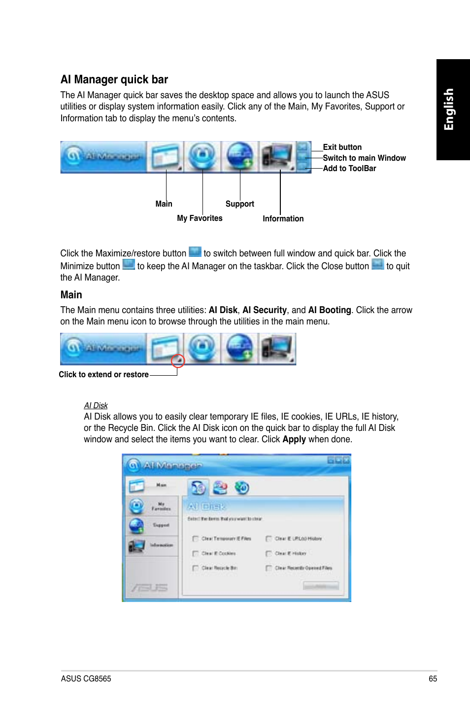 English, Ai manager quick bar | Asus CG8565 User Manual | Page 65 / 410