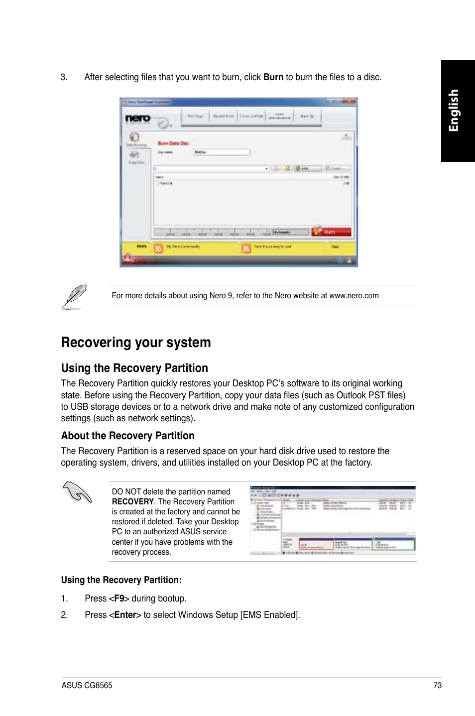 Recovering your system, English, Using the recovery partition | Asus CG8565 User Manual | Page 73 / 410