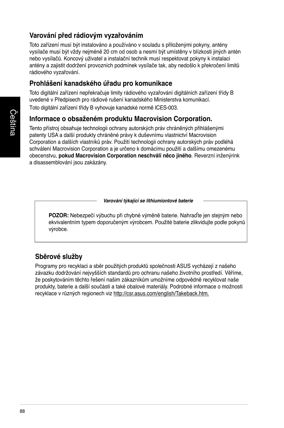 Čeština, Sběrové služby, Varování před rádiovým vyzařováním | Prohlášení kanadského úřadu pro komunikace | Asus CG8565 User Manual | Page 88 / 410