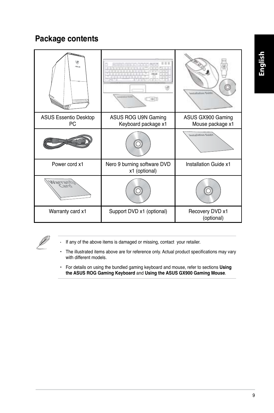 Package contents, English | Asus CG8565 User Manual | Page 9 / 410