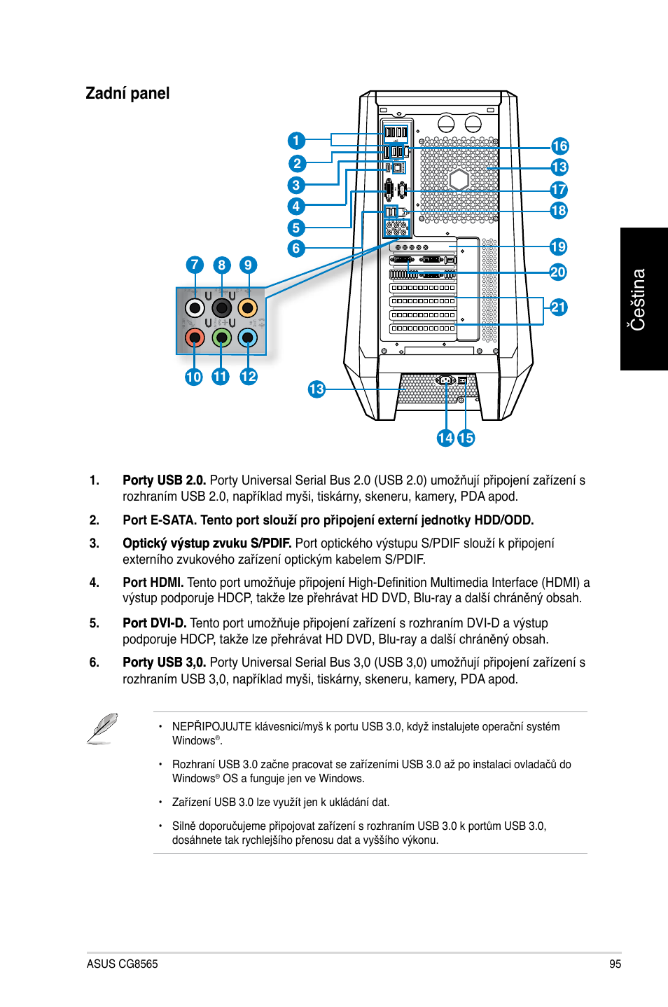 Čeština, Zadní panel | Asus CG8565 User Manual | Page 95 / 410