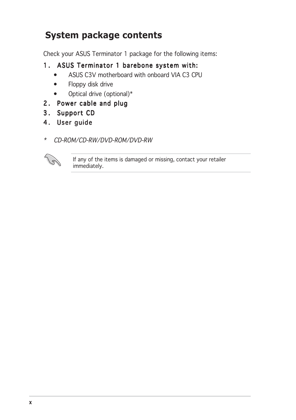 System package contents | Asus Terminator C3 User Manual | Page 10 / 94