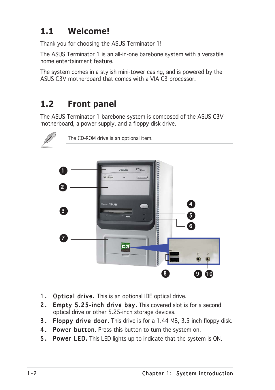 2 front panel, 1 welcome | Asus Terminator C3 User Manual | Page 12 / 94