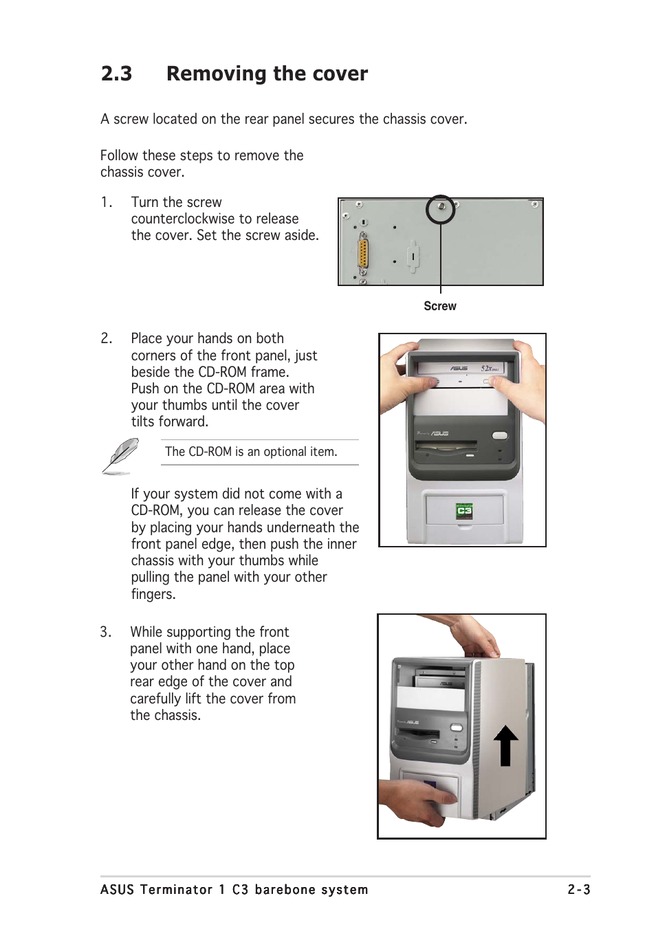 3 removing the cover | Asus Terminator C3 User Manual | Page 19 / 94