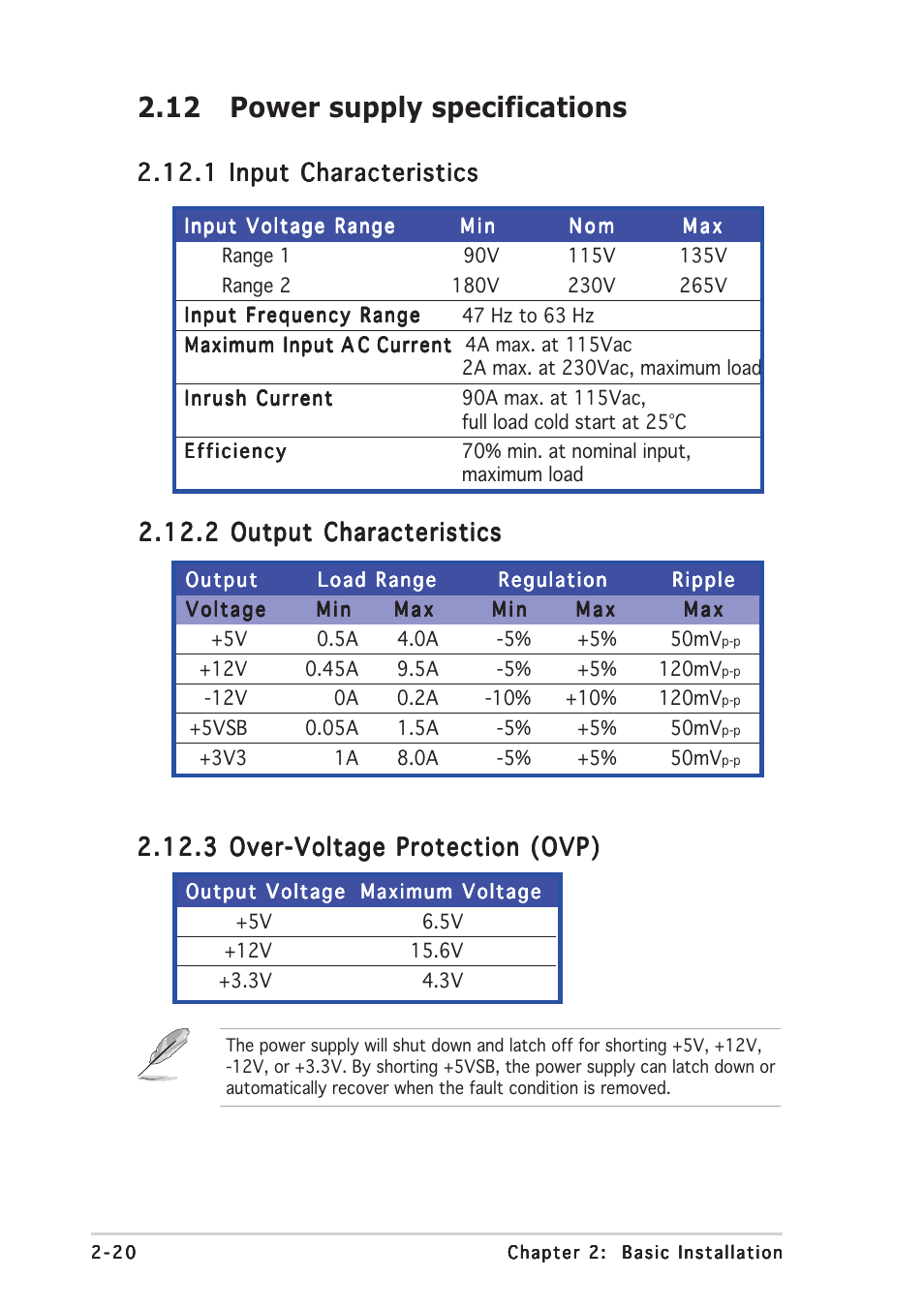 12 power supply specifications | Asus Terminator C3 User Manual | Page 36 / 94