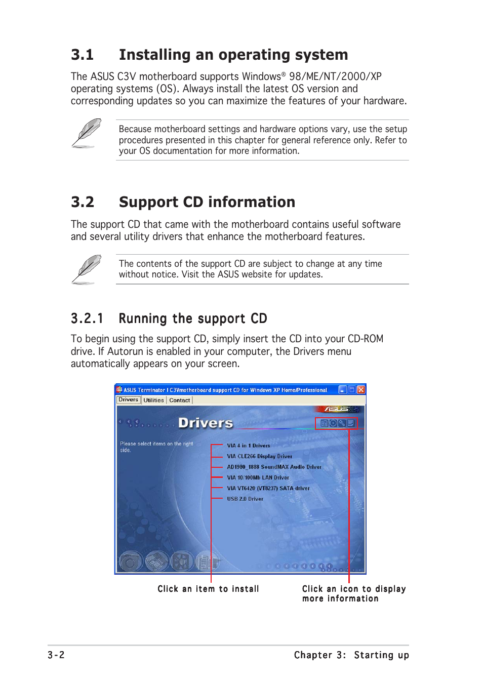 1 installing an operating system, 2 support cd information | Asus Terminator C3 User Manual | Page 38 / 94