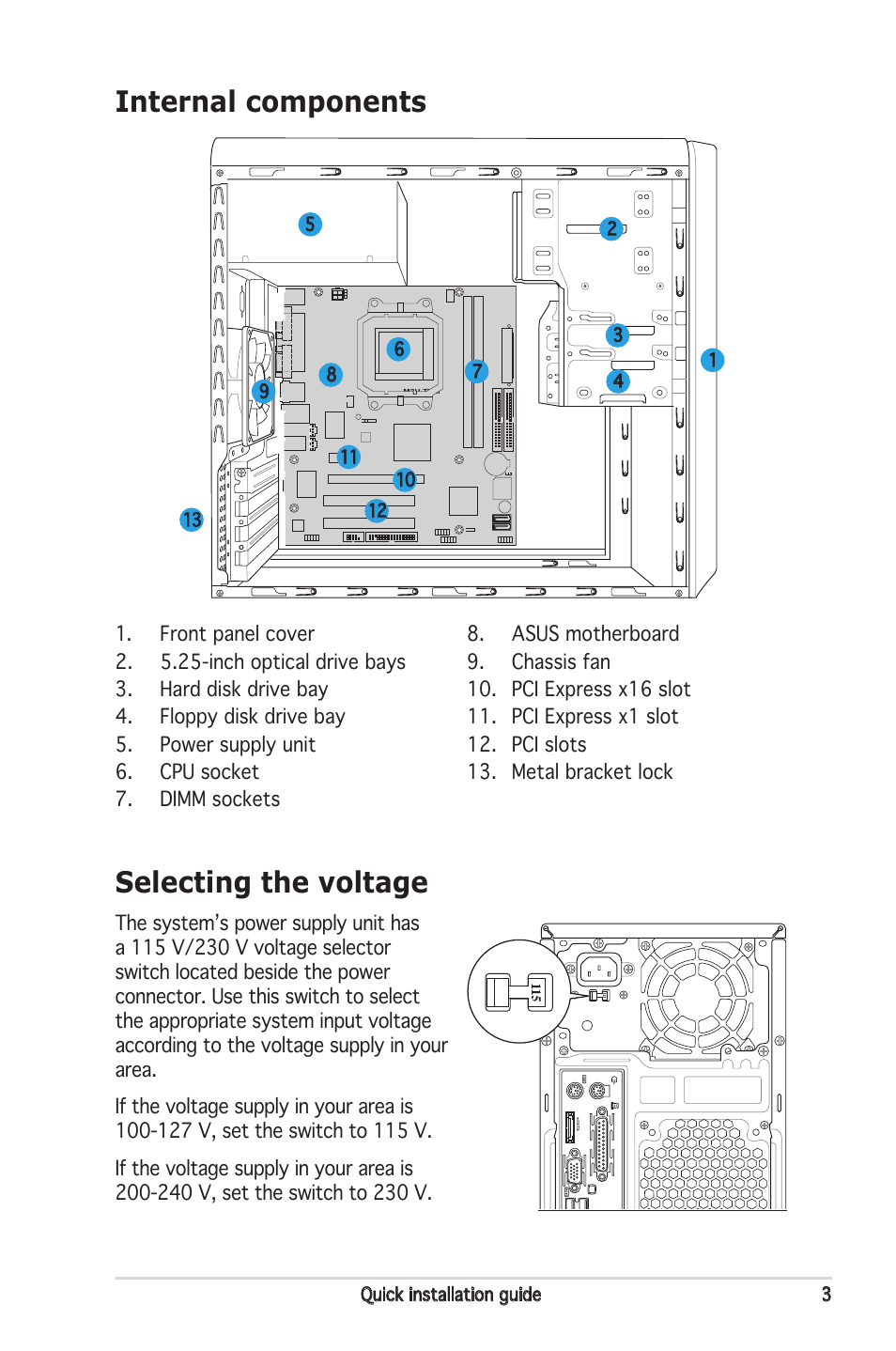 Internal components, Selecting the voltage | Asus V3-M2V890 User Manual | Page 3 / 8