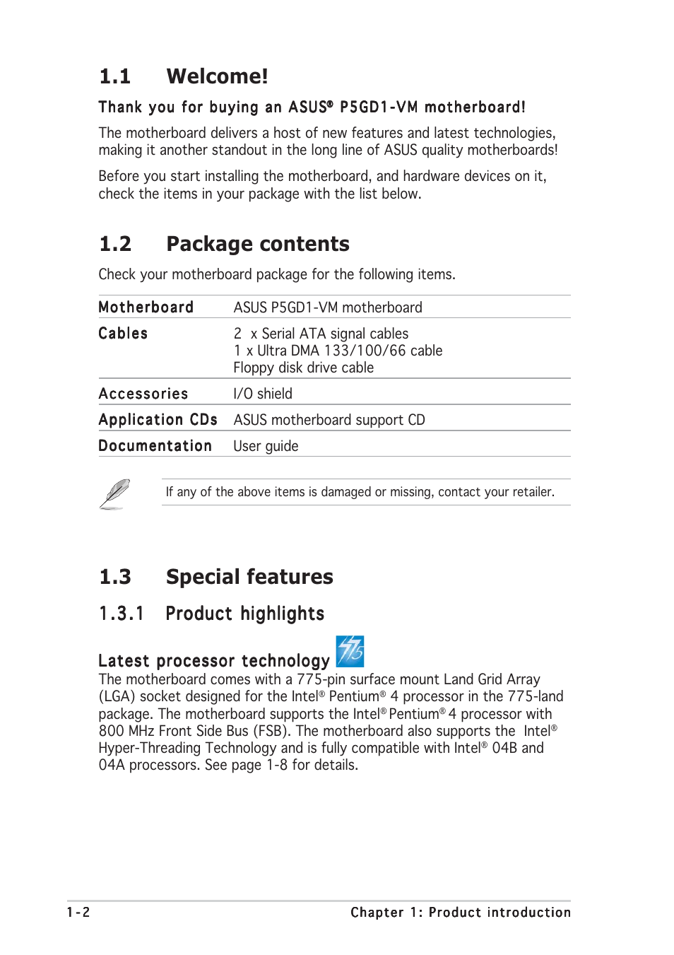 3 special features, 1 welcome, 2 package contents | Asus P5GD1-VM User Manual | Page 12 / 88