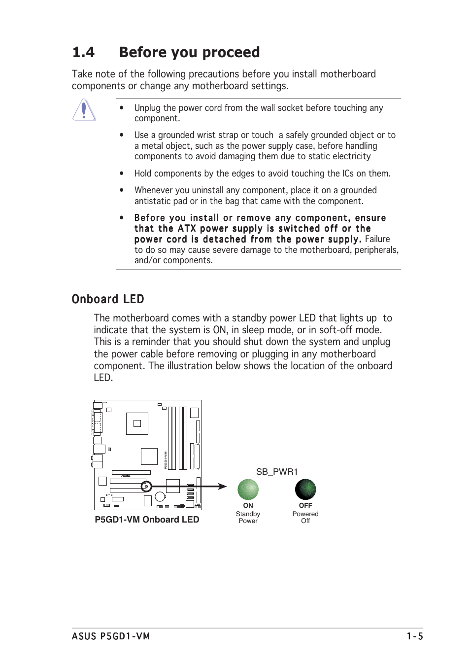 4 before you proceed, Onboard led | Asus P5GD1-VM User Manual | Page 15 / 88