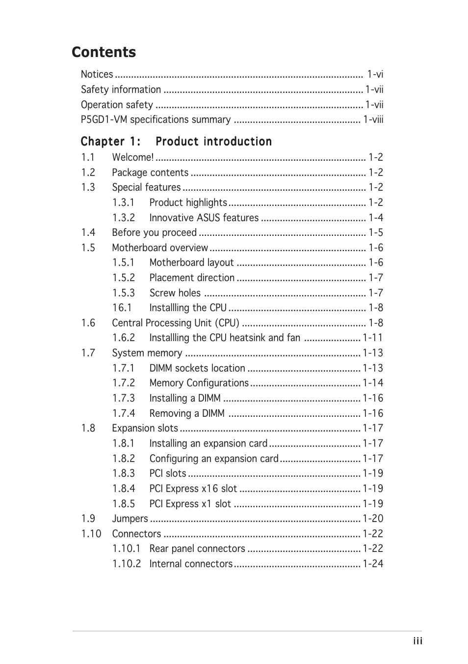 Asus P5GD1-VM User Manual | Page 3 / 88