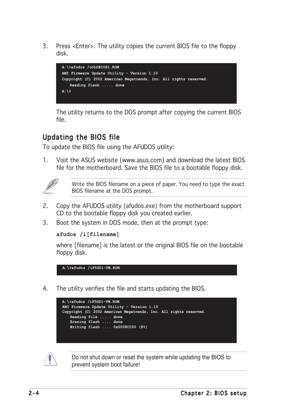 Updating the bios file | Asus P5GD1-VM User Manual | Page 48 / 88