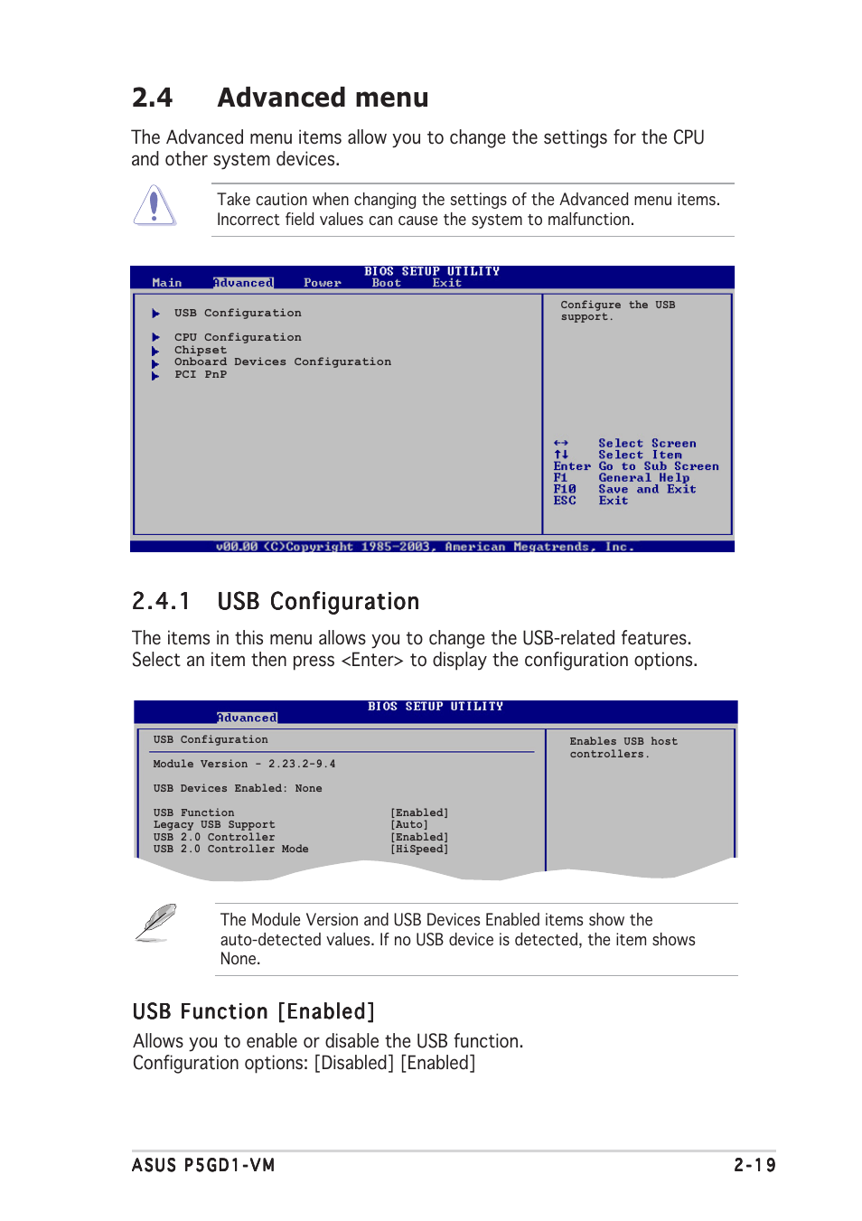 4 advanced menu, Usb function [enabled | Asus P5GD1-VM User Manual | Page 63 / 88