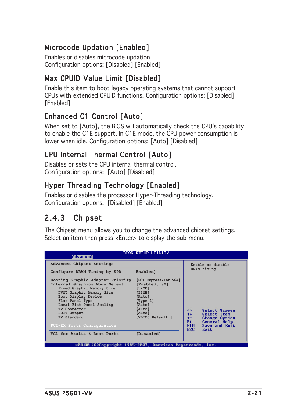 3 chipset chipset chipset chipset chipset, Microcode updation [enabled, Max cpuid value limit [disabled | Enhanced c1 control [auto, Cpu internal thermal control [auto, Hyper threading technology [enabled | Asus P5GD1-VM User Manual | Page 65 / 88