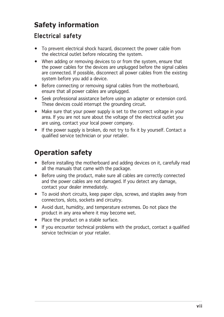 Safety information, Operation safety | Asus P5GD1-VM User Manual | Page 7 / 88