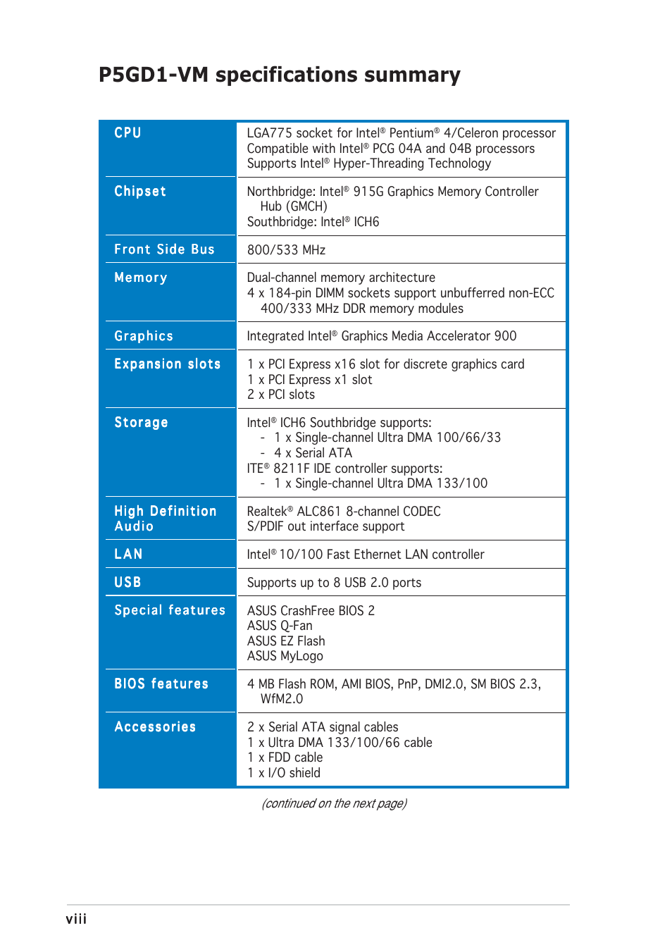 P5gd1-vm specifications summary | Asus P5GD1-VM User Manual | Page 8 / 88