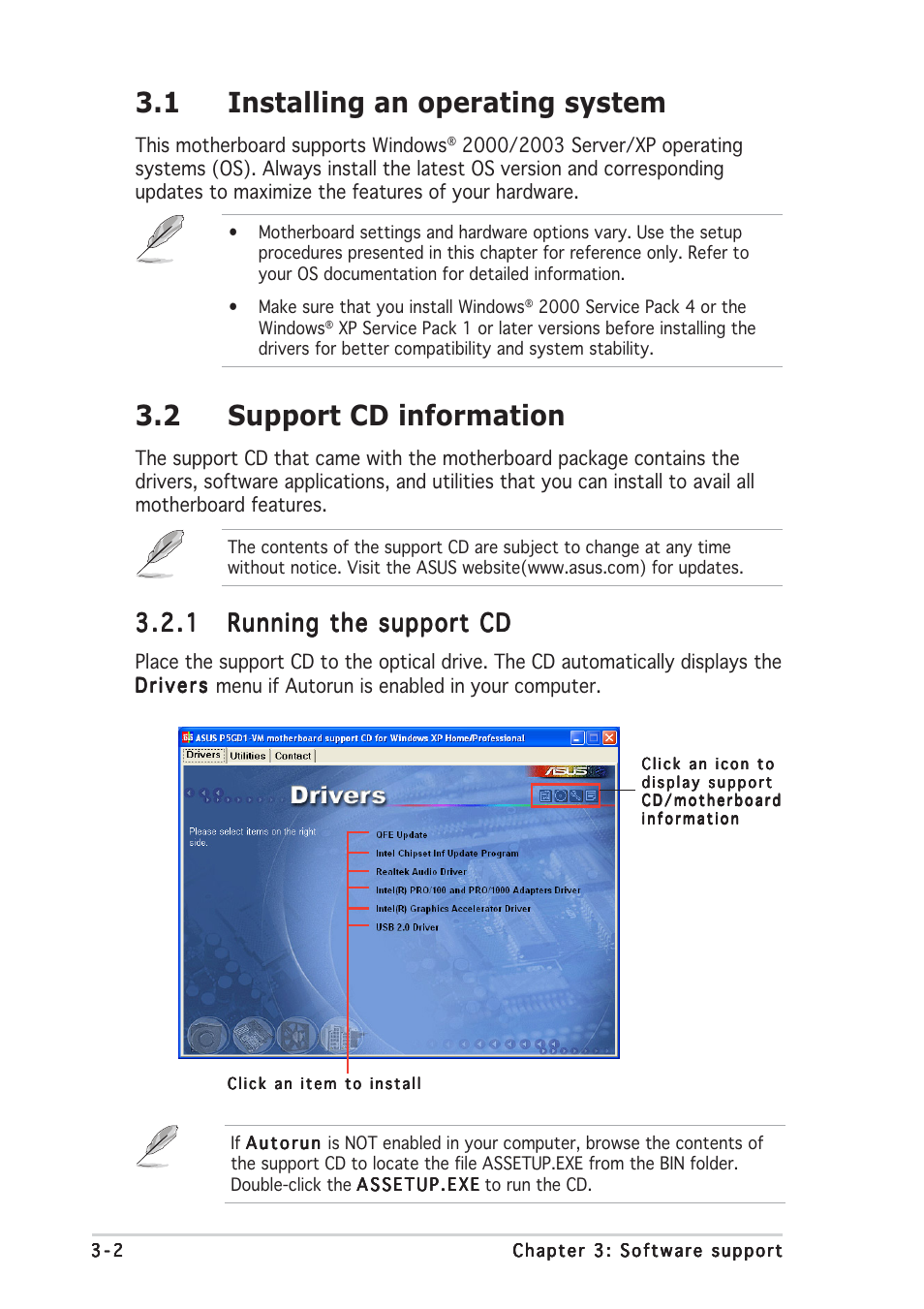 1 installing an operating system, 2 support cd information | Asus P5GD1-VM User Manual | Page 82 / 88