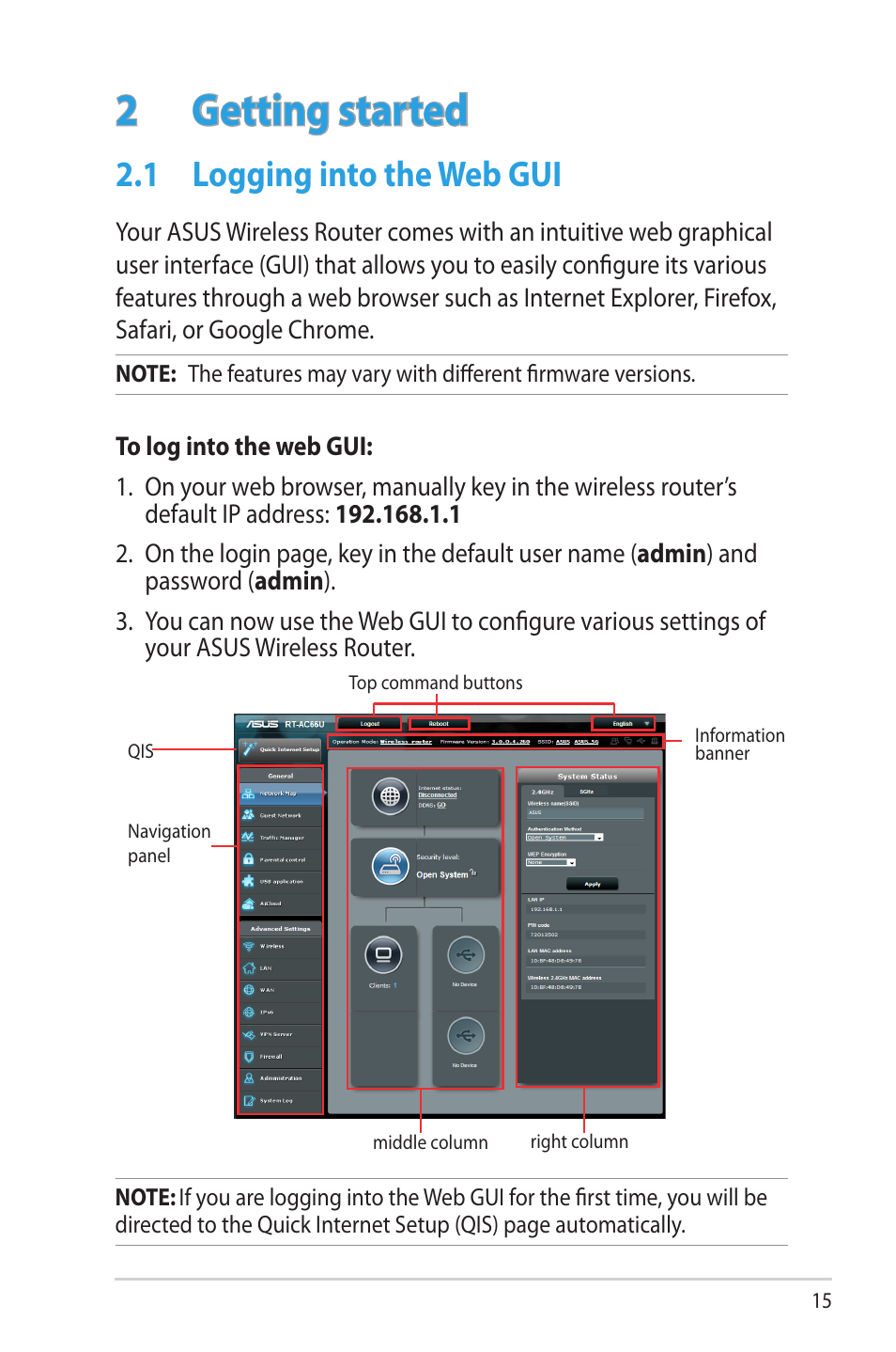 2 getting started, 1 logging into the web gui, Getting started | Logging into the web gui | Asus RT-AC66U User Manual | Page 15 / 131