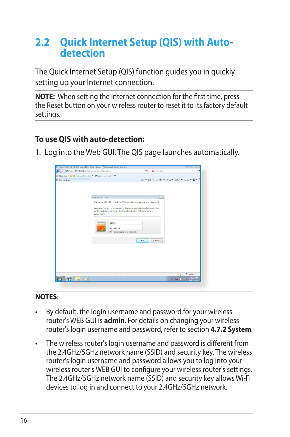 2 quick internet setup (qis) with auto-detection, Quick internet setup (qis) with auto-detection, 2 quick internet setup (qis) with auto- detection | Asus RT-AC66U User Manual | Page 16 / 131