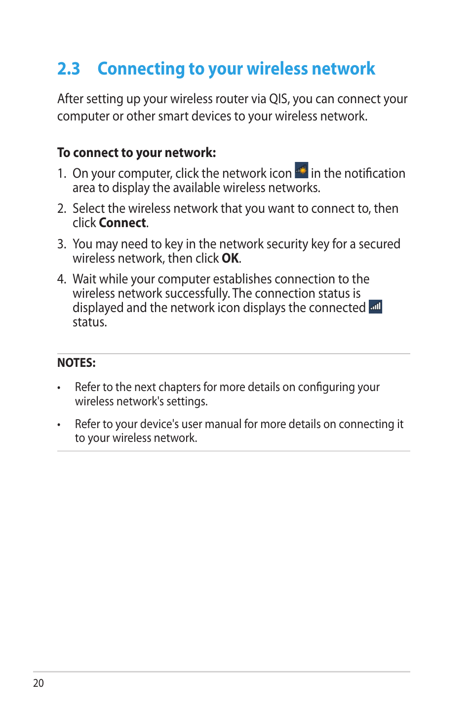 3 connecting to your wireless network, Connecting to your wireless network | Asus RT-AC66U User Manual | Page 20 / 131