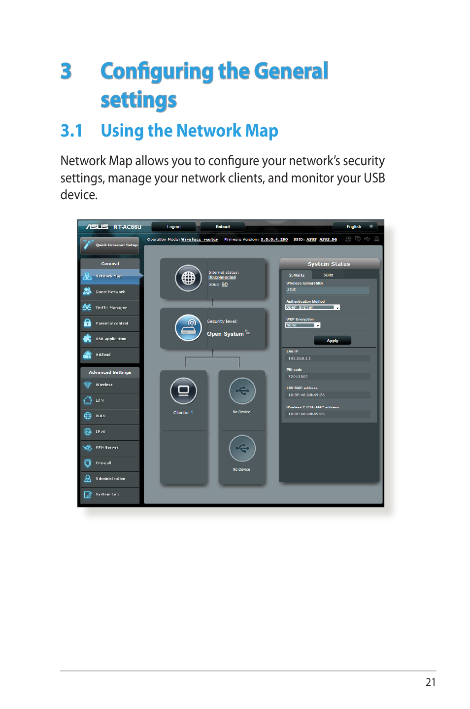 3 configuring the general settings, 1 using the network map, Configuring the general settings | Using the network map | Asus RT-AC66U User Manual | Page 21 / 131