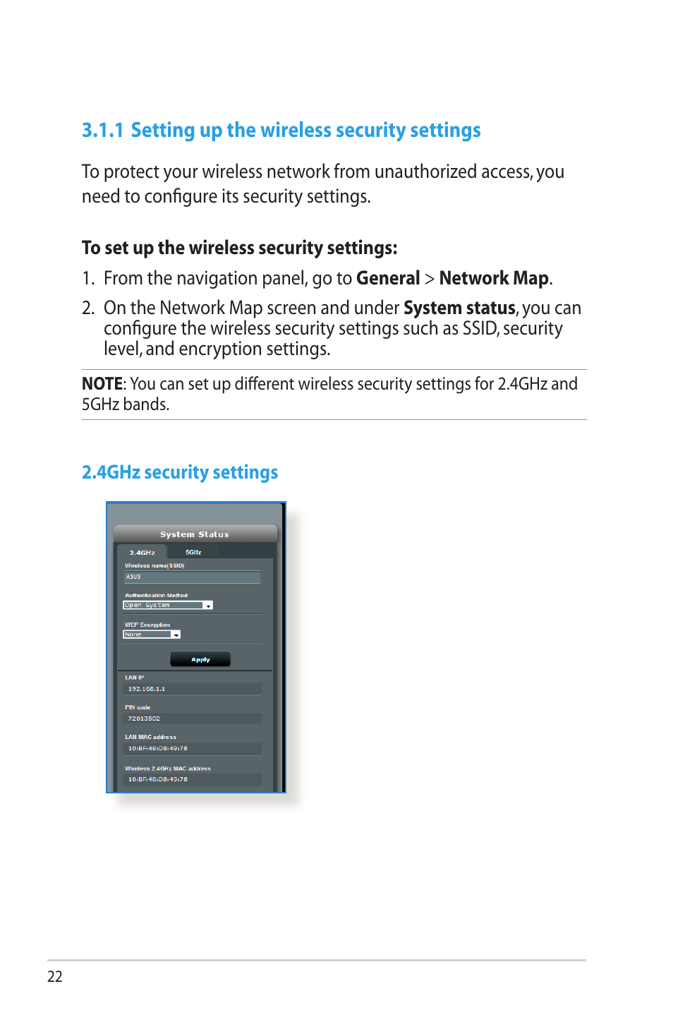 1 setting up the wireless security settings | Asus RT-AC66U User Manual | Page 22 / 131