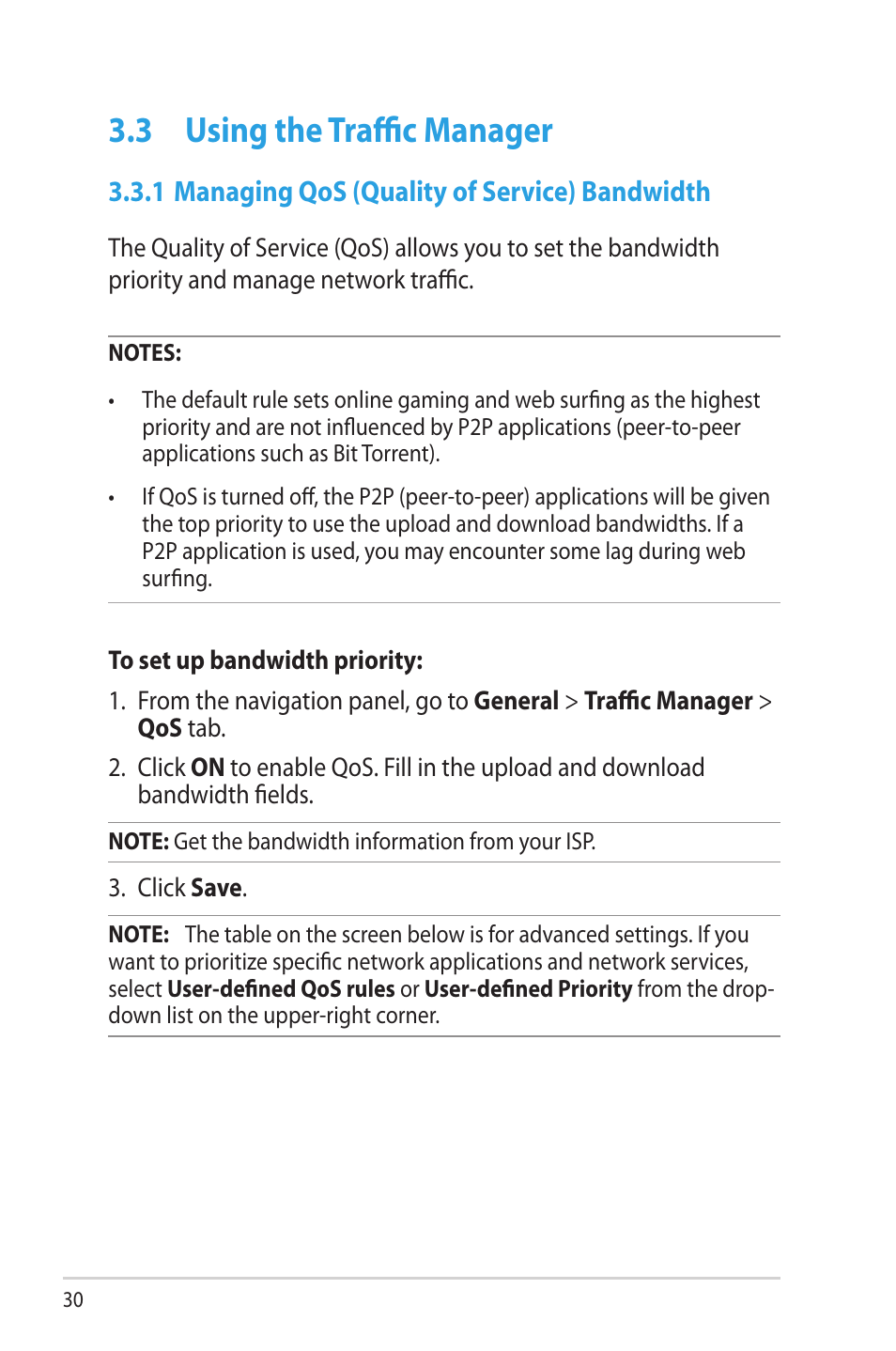 3 using the traffic manager, 1 managing qos (quality of service) bandwidth, Using the traffic manager | Asus RT-AC66U User Manual | Page 30 / 131