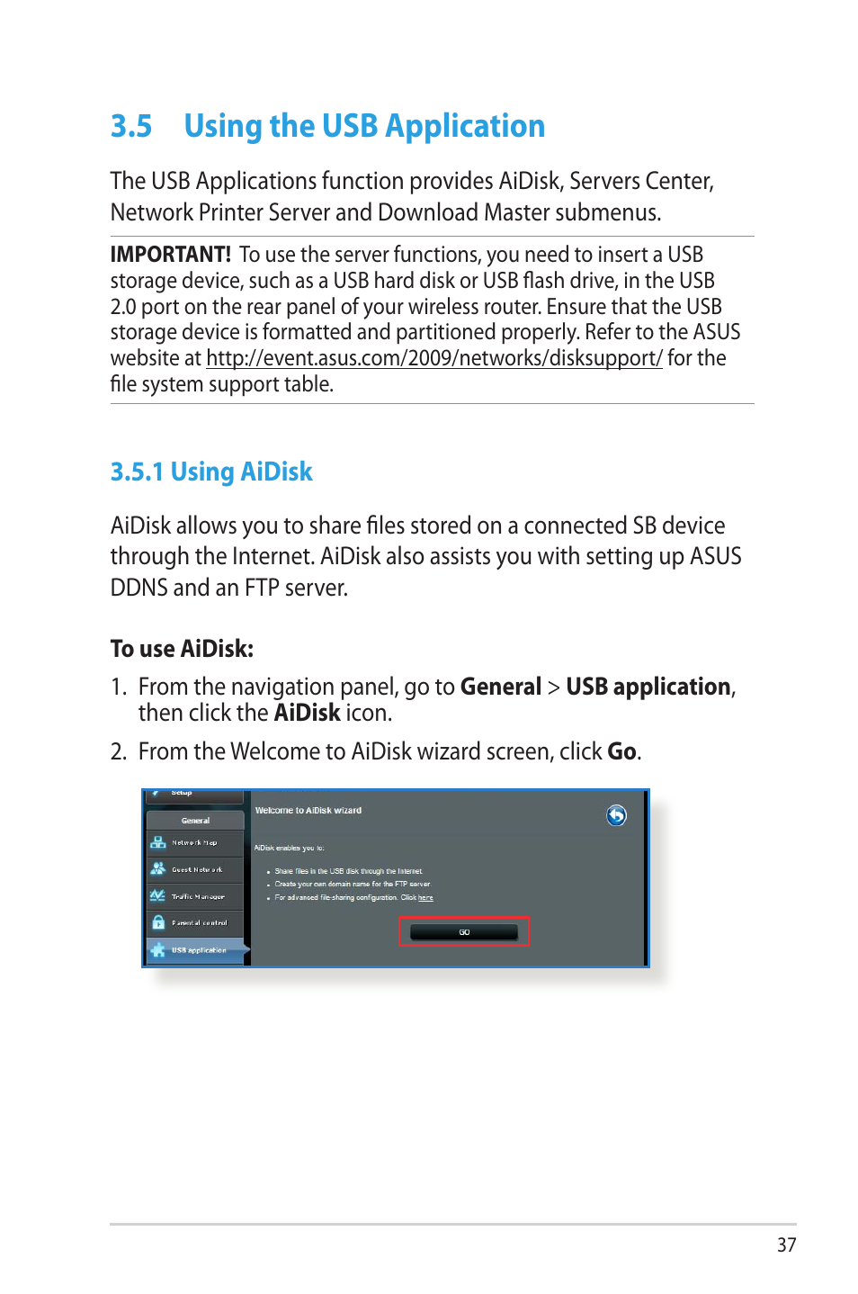 5 using the usb application, 1 using aidisk, Using the usb application | Asus RT-AC66U User Manual | Page 37 / 131