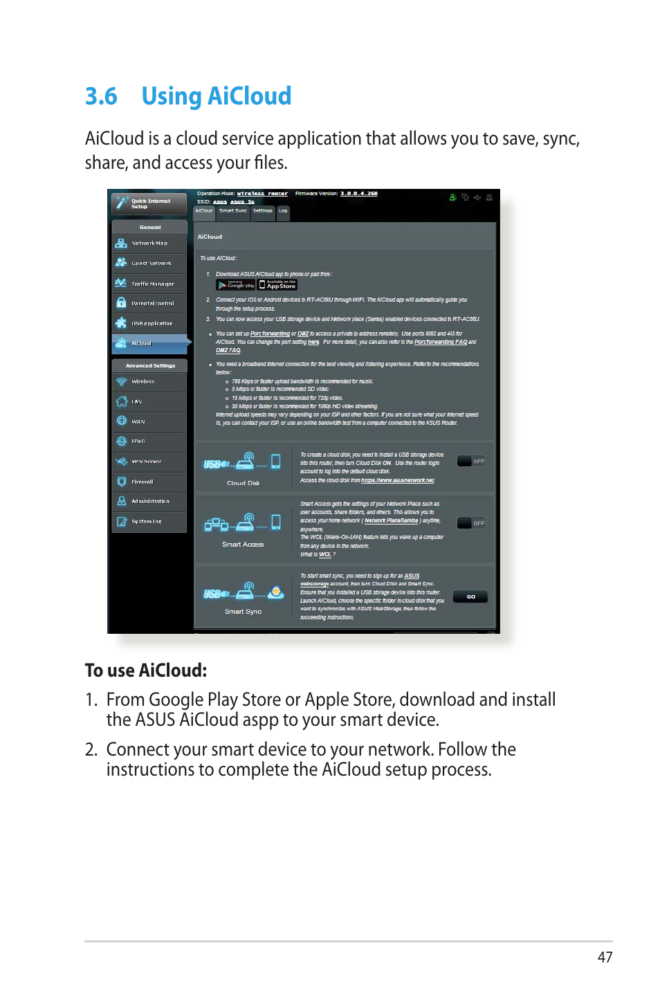 6 using aicloud, Using aicloud | Asus RT-AC66U User Manual | Page 47 / 131