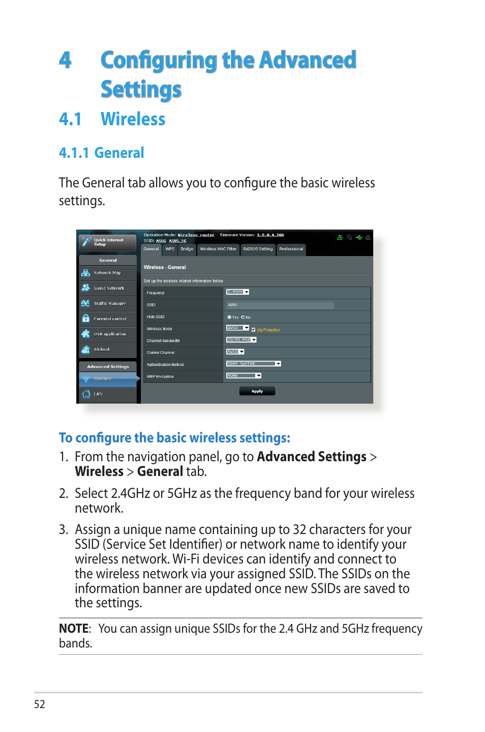 4 configuring the advanced settings, 1 wireless, 1 general | Configuring the advanced settings, Wireless | Asus RT-AC66U User Manual | Page 52 / 131