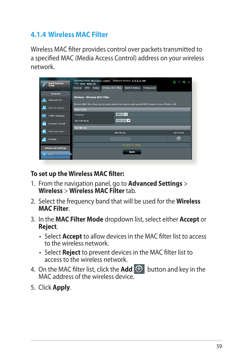 4 wireless mac filter | Asus RT-AC66U User Manual | Page 59 / 131