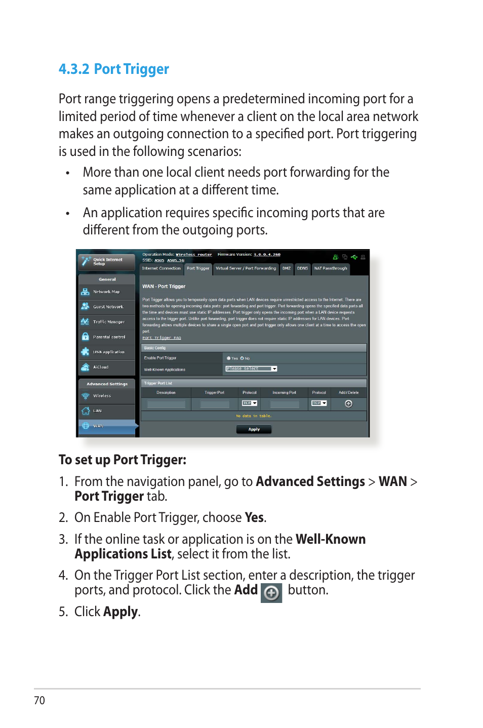 2 port trigger | Asus RT-AC66U User Manual | Page 70 / 131