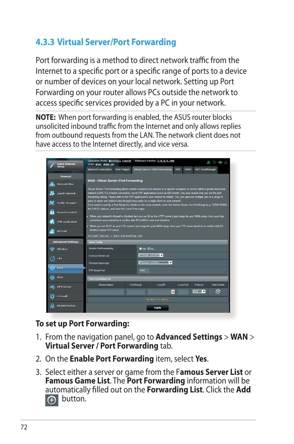 3 virtual server/port forwarding | Asus RT-AC66U User Manual | Page 72 / 131