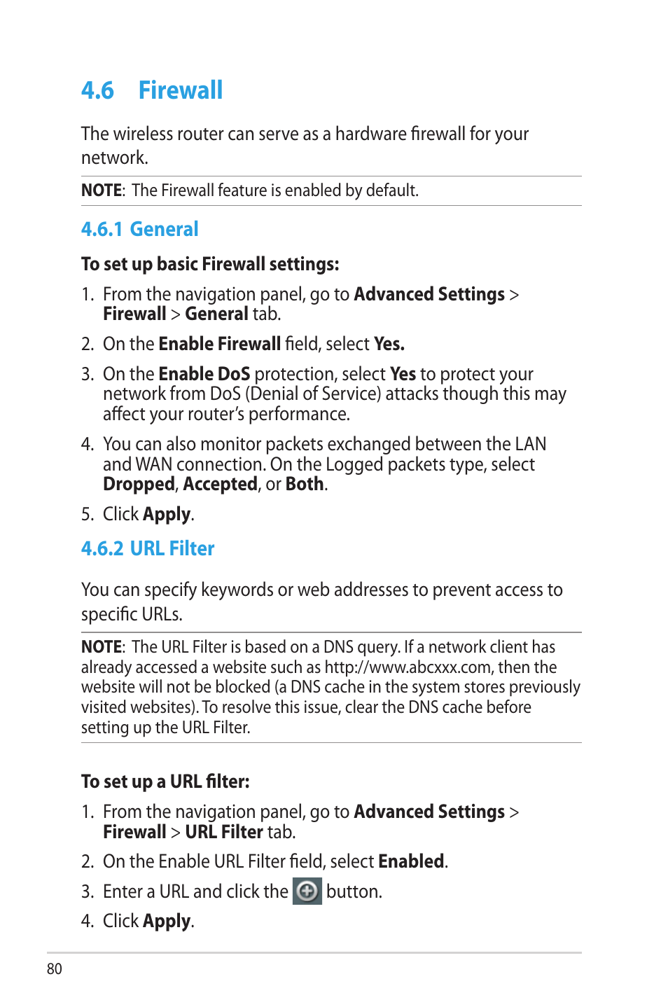 6 firewall, 1 general, 2 url filter | Firewall, 1 general 4.6.2 url filter | Asus RT-AC66U User Manual | Page 80 / 131