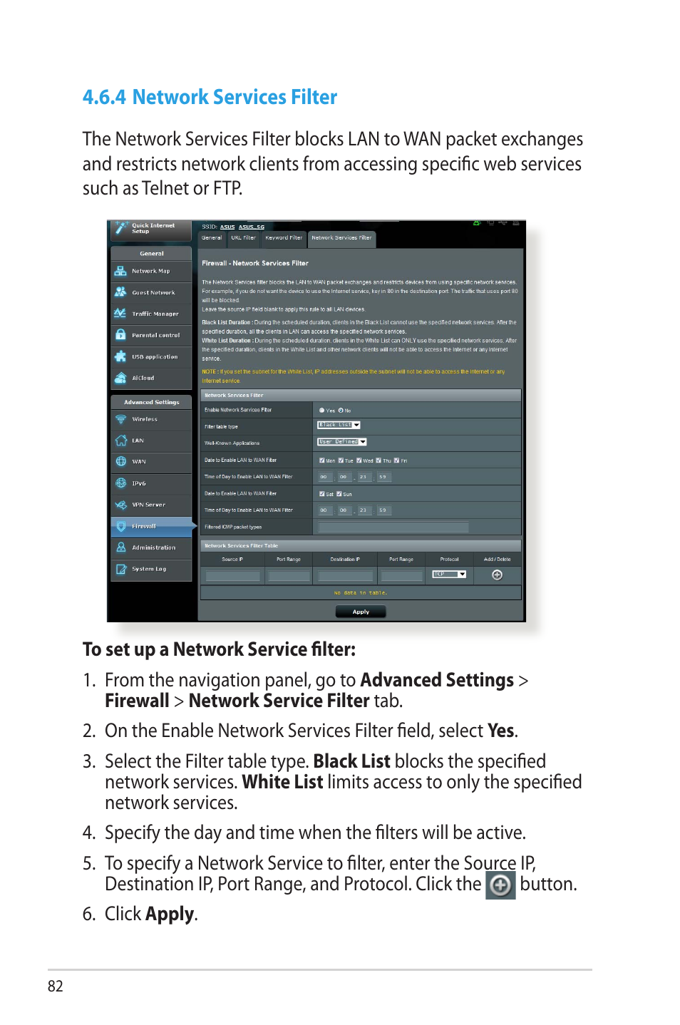 4 network services filter | Asus RT-AC66U User Manual | Page 82 / 131