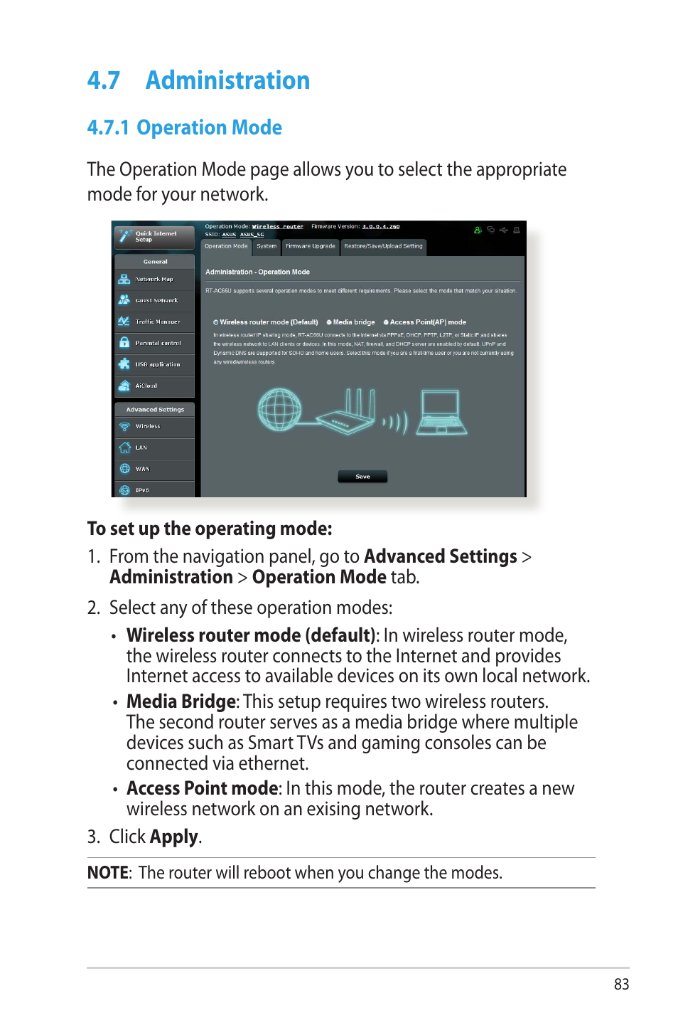 7 administration, 1 operation mode, Administration | Asus RT-AC66U User Manual | Page 83 / 131