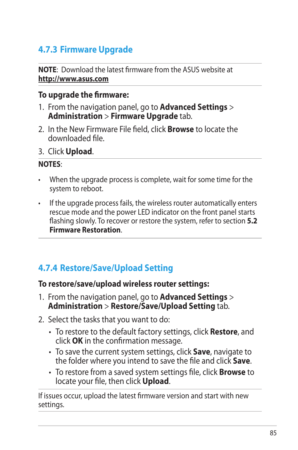 3 firmware upgrade, 4 restore/save/upload setting | Asus RT-AC66U User Manual | Page 85 / 131