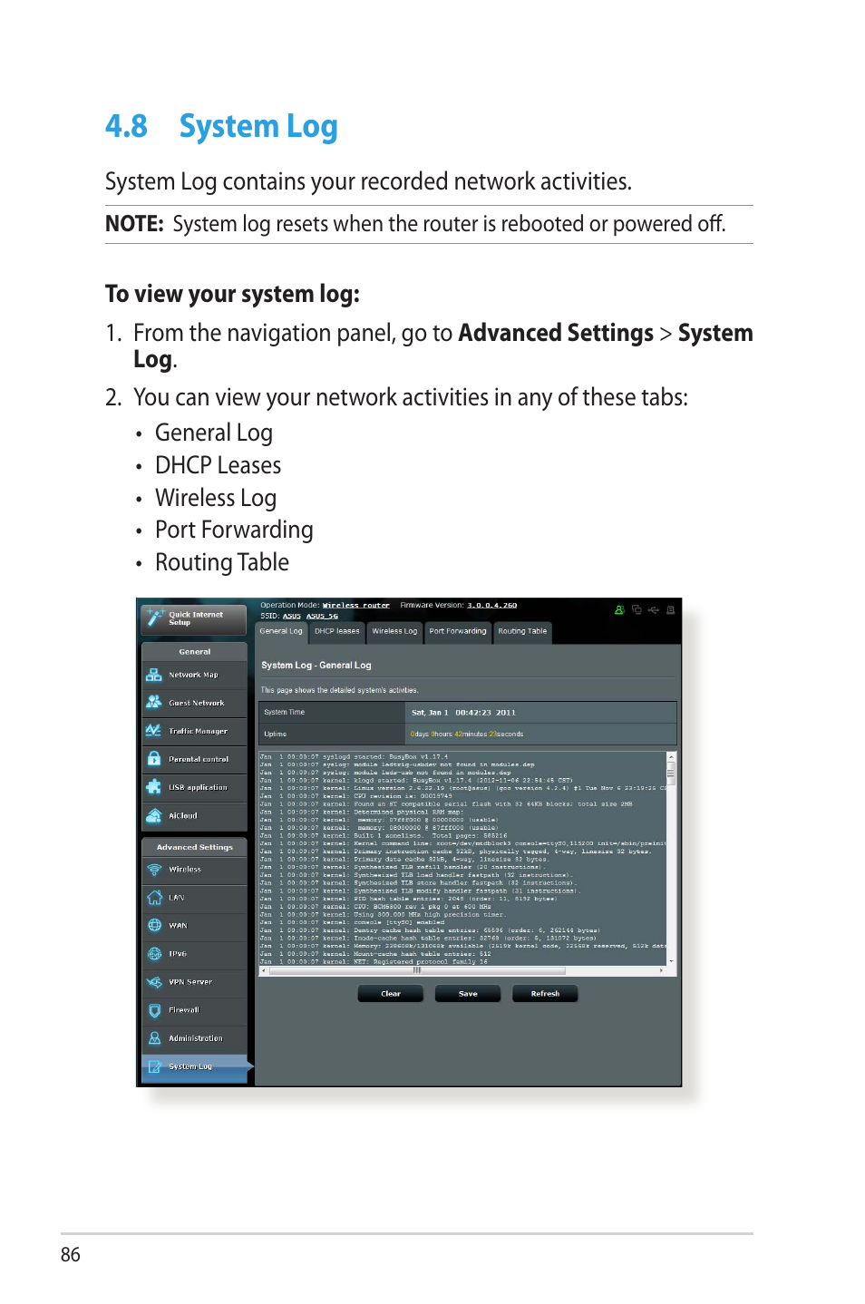 8 system log, System log | Asus RT-AC66U User Manual | Page 86 / 131
