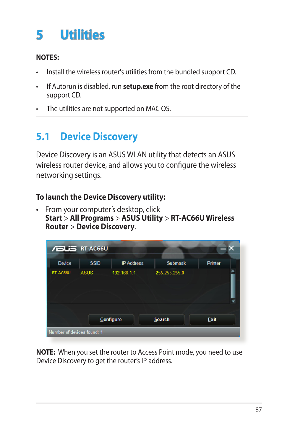 5 utilities, 1 device discovery, Utilities | Device discovery | Asus RT-AC66U User Manual | Page 87 / 131