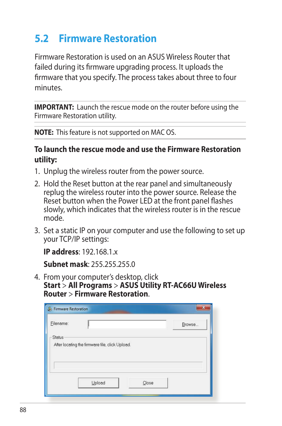 2 firmware restoration, Firmware restoration | Asus RT-AC66U User Manual | Page 88 / 131